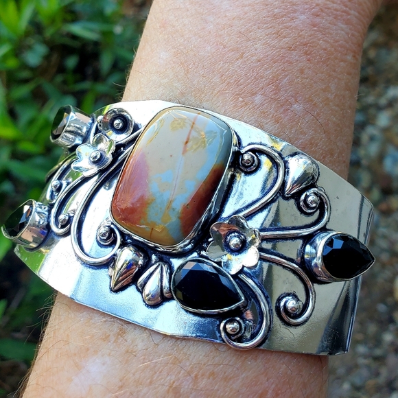 New Mookaite Jasper and Spinnel Cuff 925 Silver Bracelet. - Picture 15 of 16